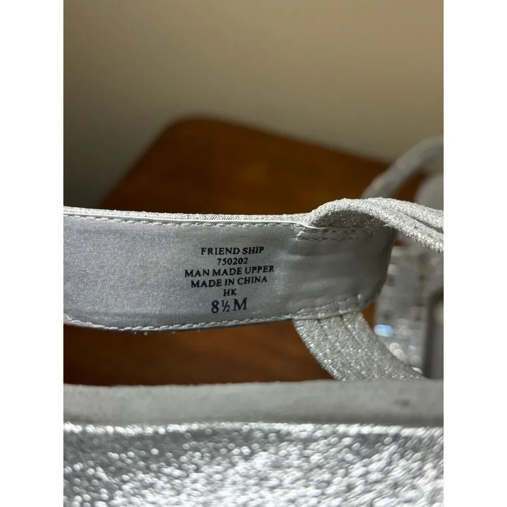 New York Transit Friend Ship Rhinestone T-Strap Wedge Sandals Silver Size 8.5